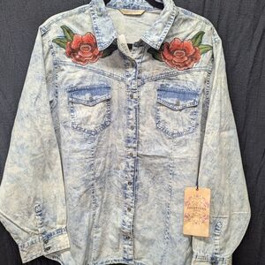 Highway Jeans Light Wash Denim Button-Down Shirt with Red Floral Embroidery